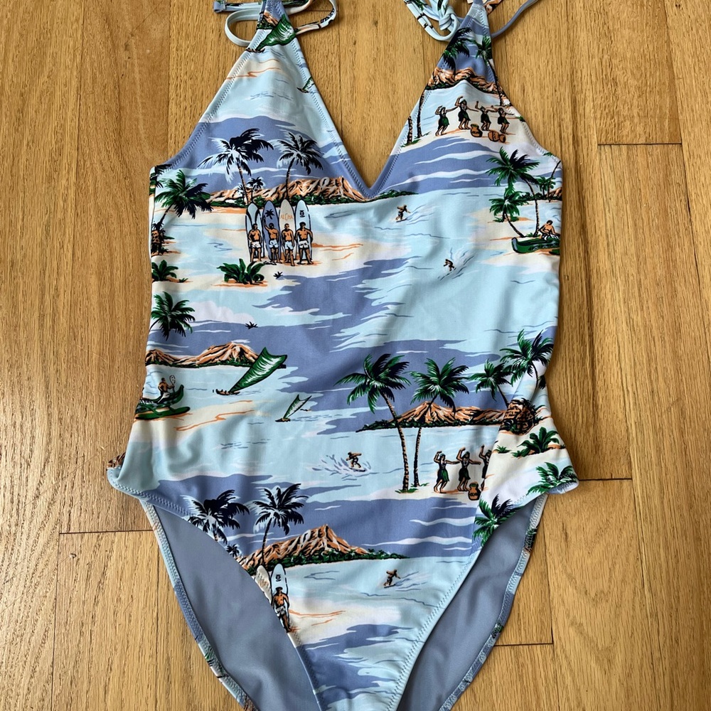 Aerie Blue and Green One Piece Swimsuit with Tropical Print